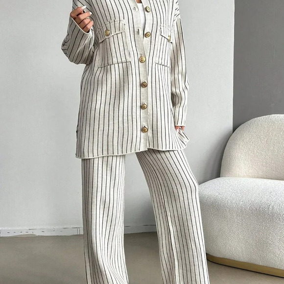 Apricot Casual Women's Striped Pattern Drop Shoulder Cardigan & Knit Pants - Picture 5 of 5